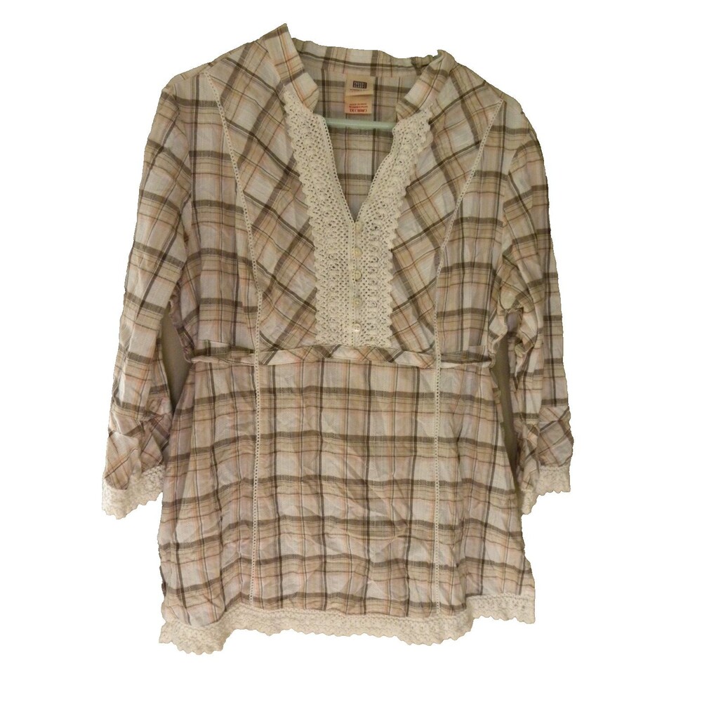 Womens Babydoll Peasant Tunic 1x Shirt Brown Plaid Flowy Y2K Cottagecore Retro